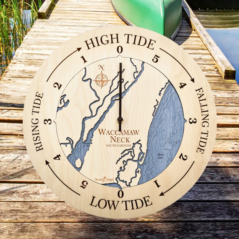 Waccamaw Neck Tide Clock Birch Accent with Deep Blue Water Sitting on Dock