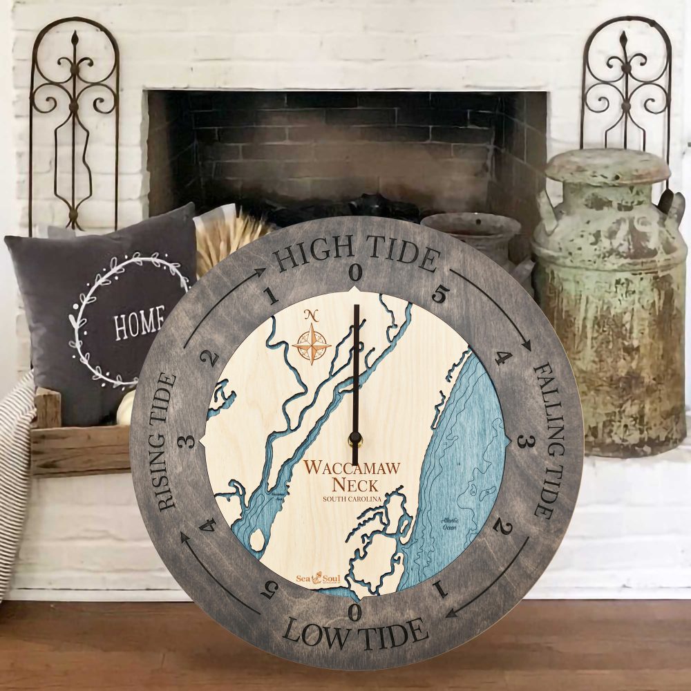 Waccamaw Neck Tide Clock Driftwood Accent with Blue Green Water Sitting on Floor by Fireplace