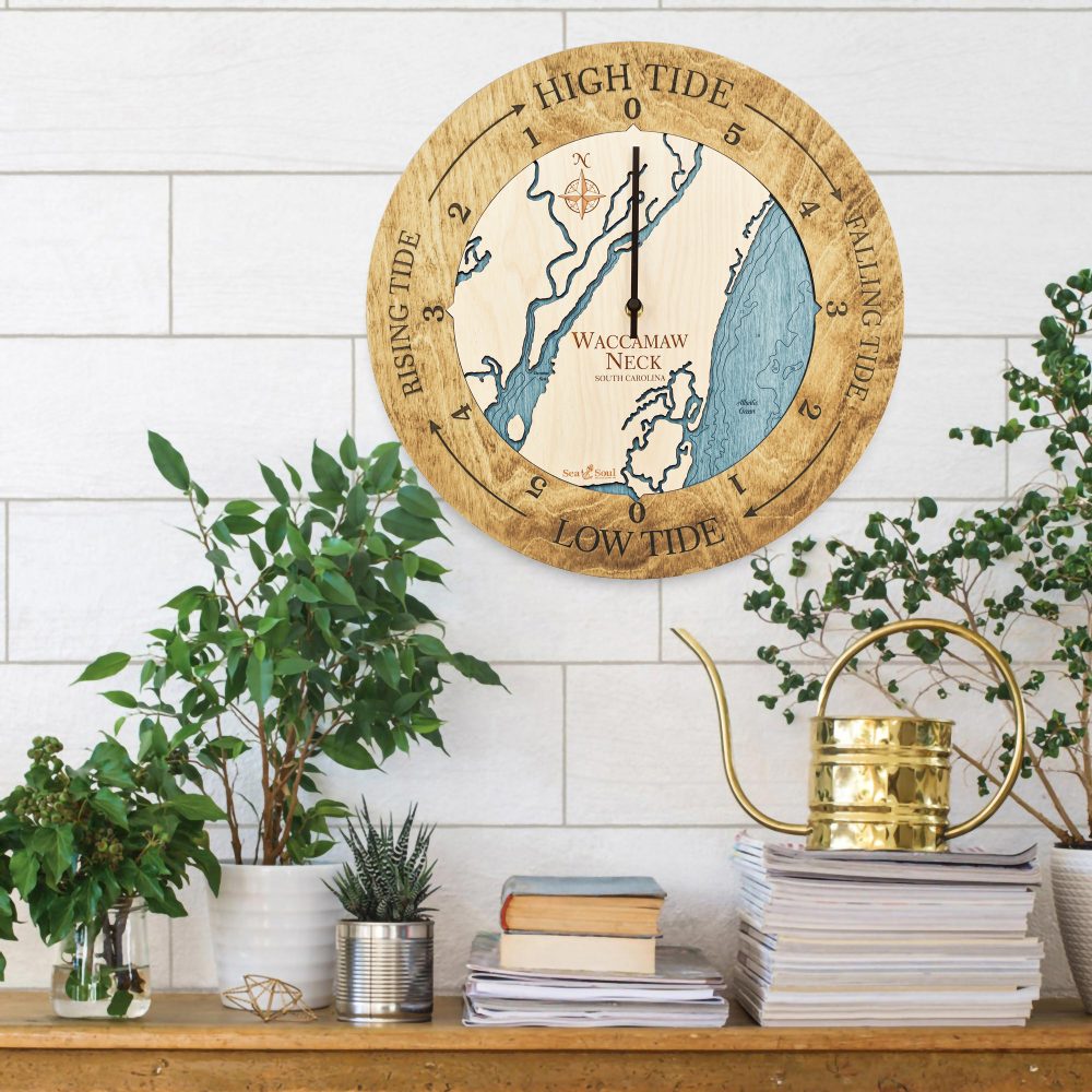 Waccamaw Neck Tide Clock Honey Accent with Blue Green Water Hanging on Wall