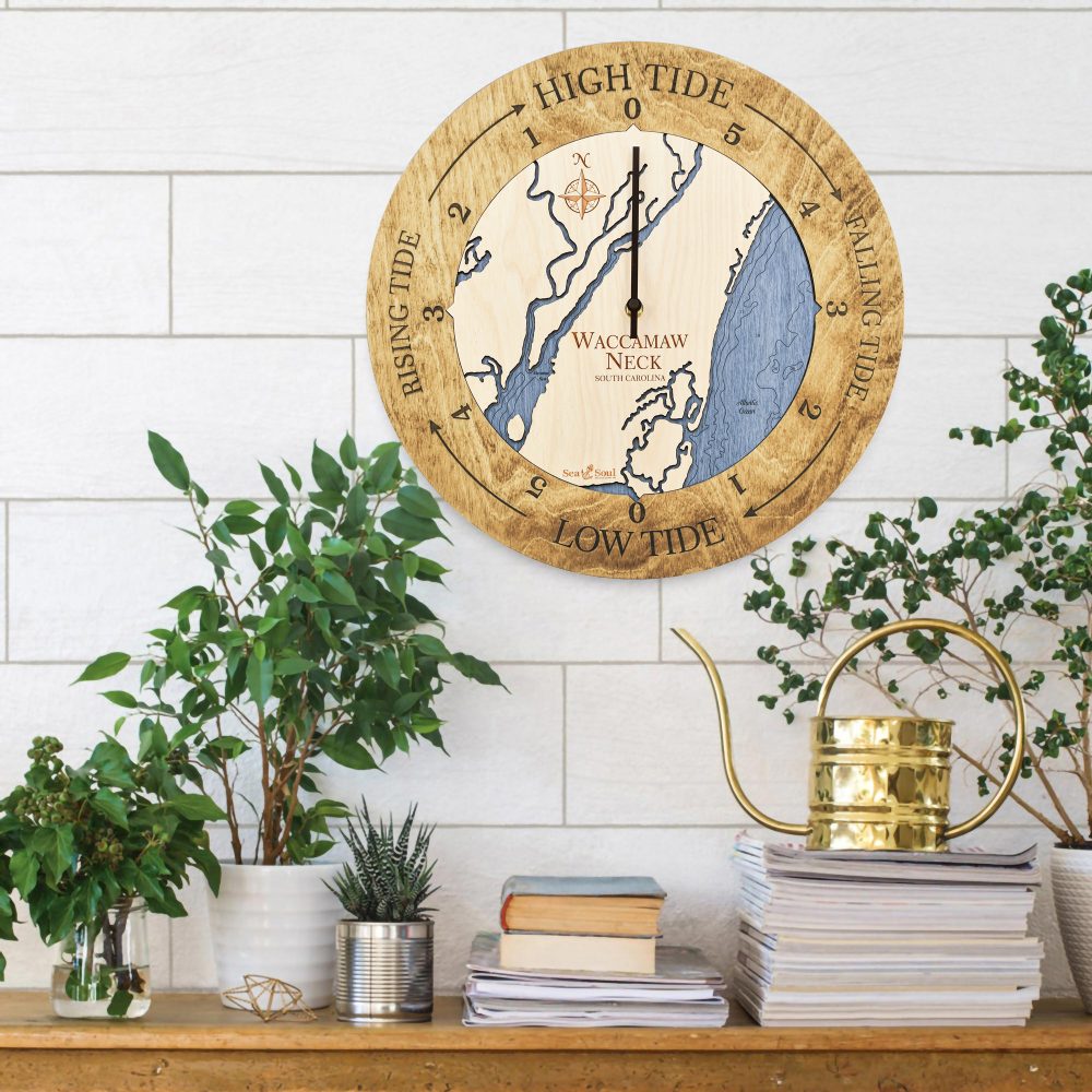 Waccamaw Neck Tide Clock Honey Accent with Deep Blue Water Hanging on Wall