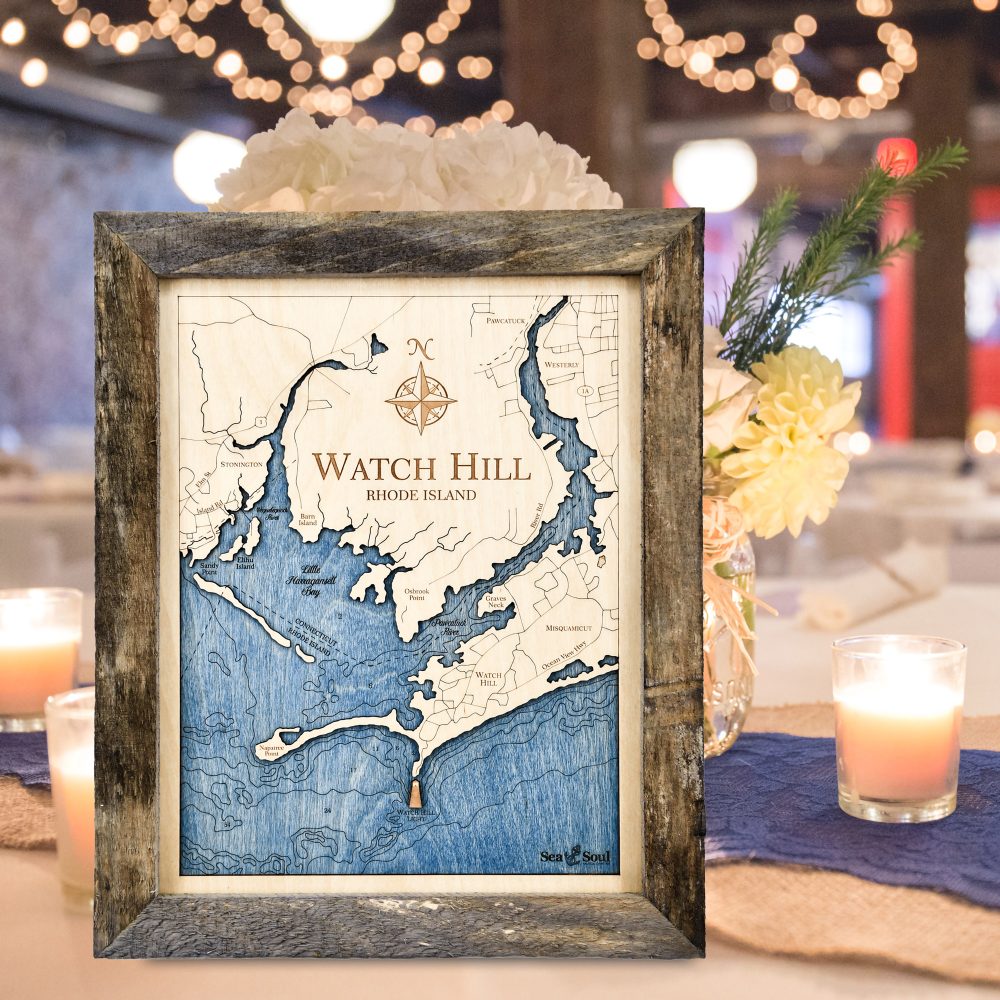 Watch Hill Wall Art 13x16 Rustic Pine Accent with Deep Blue Water Sitting on Table with Candles and Flowers
