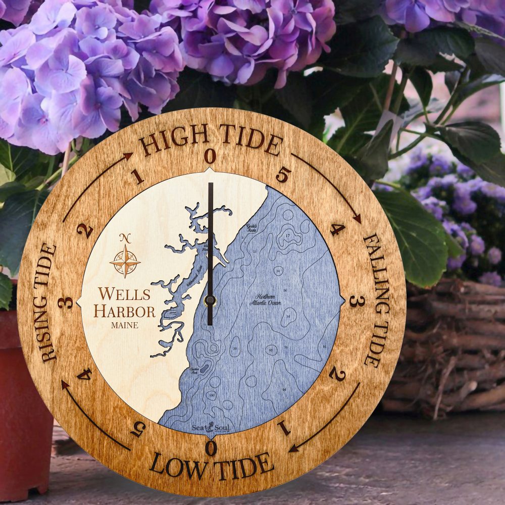 Wells Harbor Tide Clock Americana Accent with Deep Blue Water Sitting on Ground by Flowers