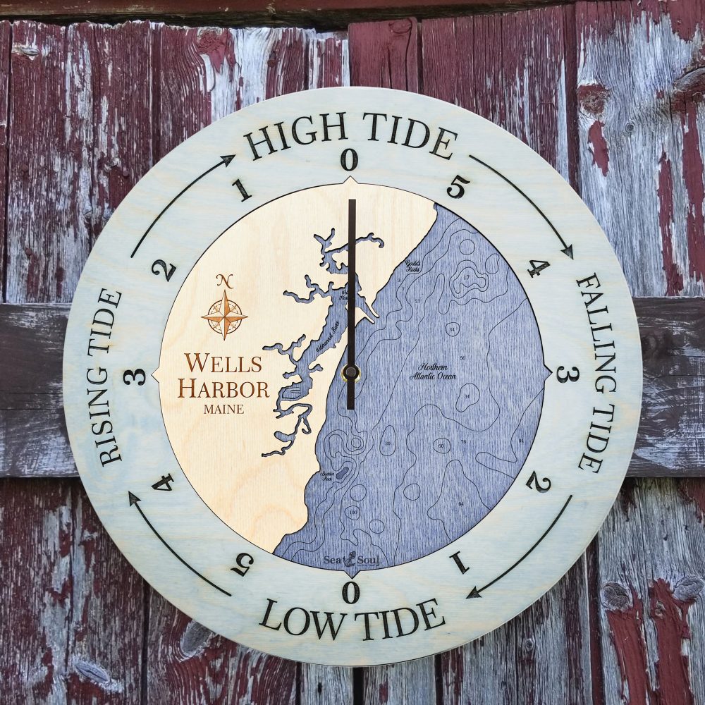 Wells Harbor Tide Clock Bleach Blue Accent with Deep Blue Water Hanging on Fence