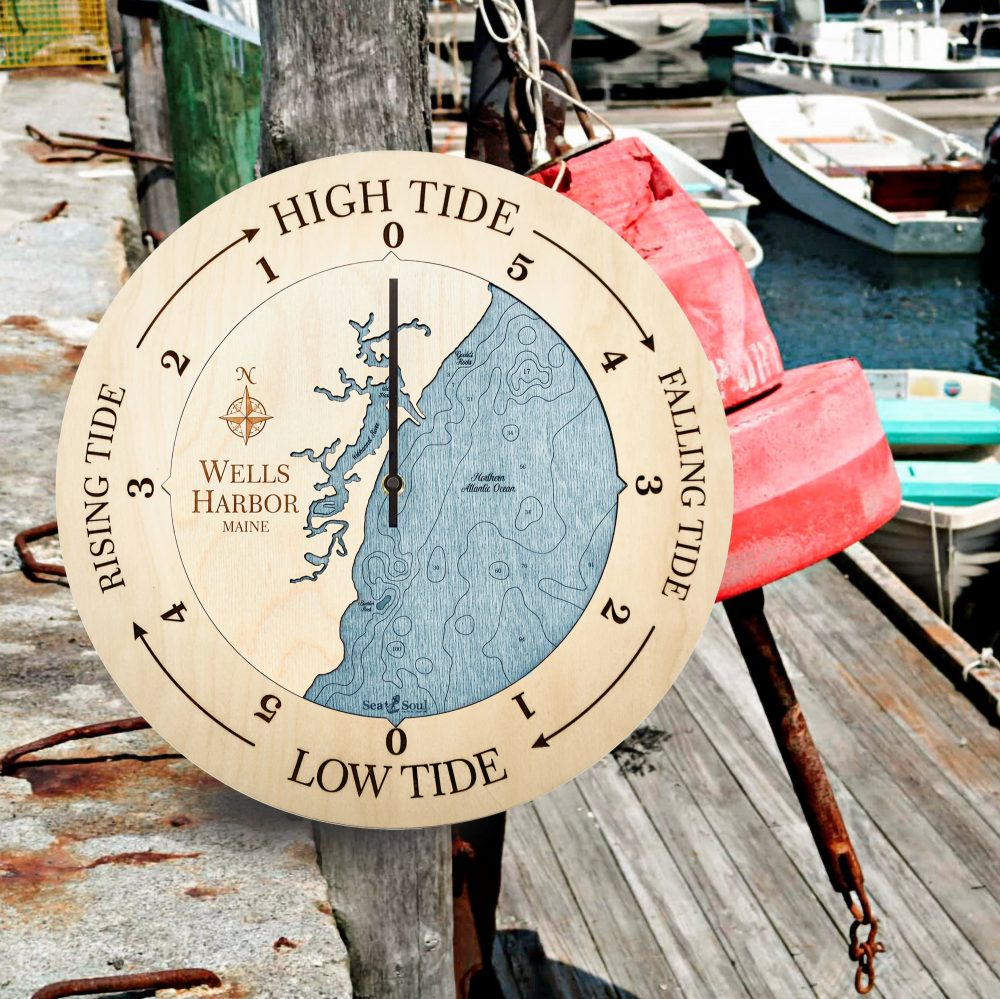 Wells Harbor Tide Clock Birch Accent with Blue Green Water Hanging on Dock Post