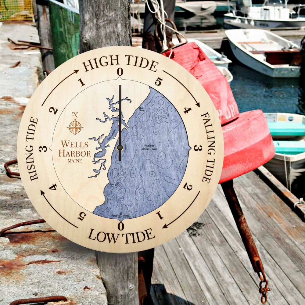 Wells Harbor Tide Clock Birch Accent with Deep Blue Water Hanging on Dock Post