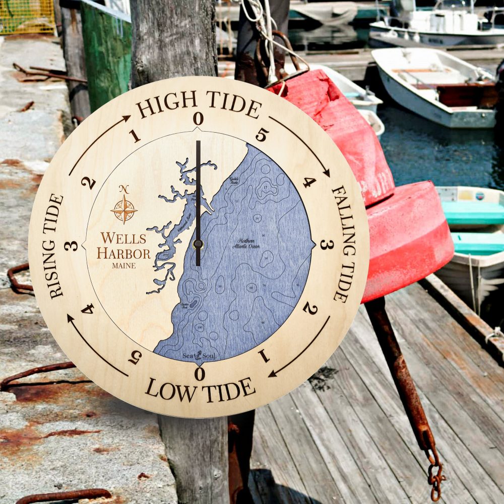 Wells Harbor Tide Clock Birch Accent with Deep Blue Water Hanging on Dock Post