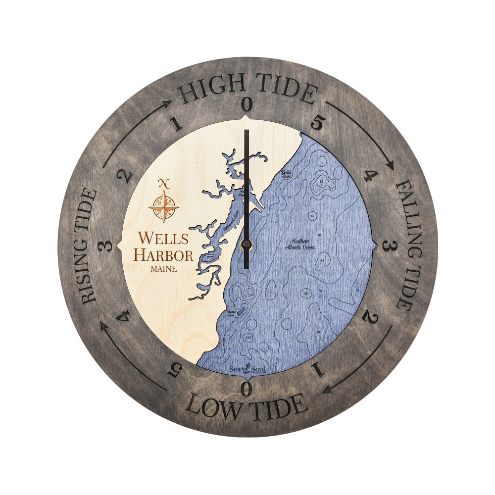 Wells Harbor Tide Clock Driftwood Accent with Deep Blue Water
