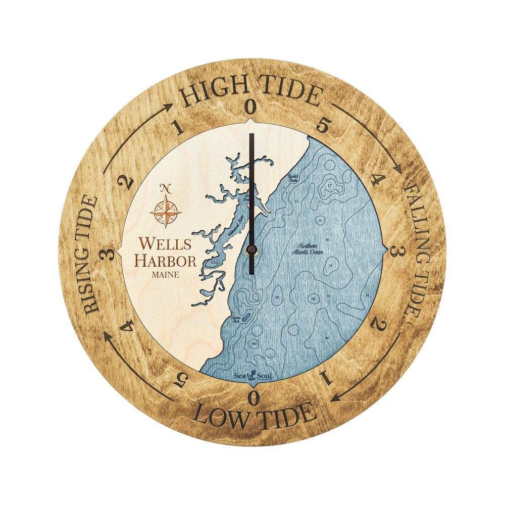 Wells Harbor Tide Clock Honey Accent with Blue Green Water