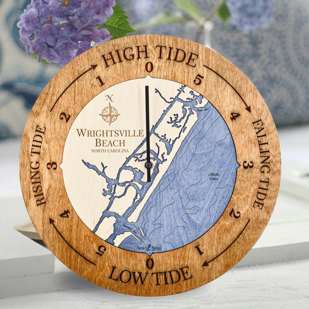 Wrightsville Beach Tide Clock Americana Accent with Deep Blue Water Sitting on Table with Flowers