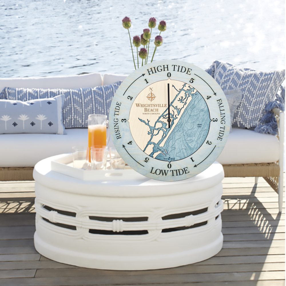 Wrightsville Beach Tide Clock Bleach Blue Accent with Blue Green Water Sitting on Coffee Table
