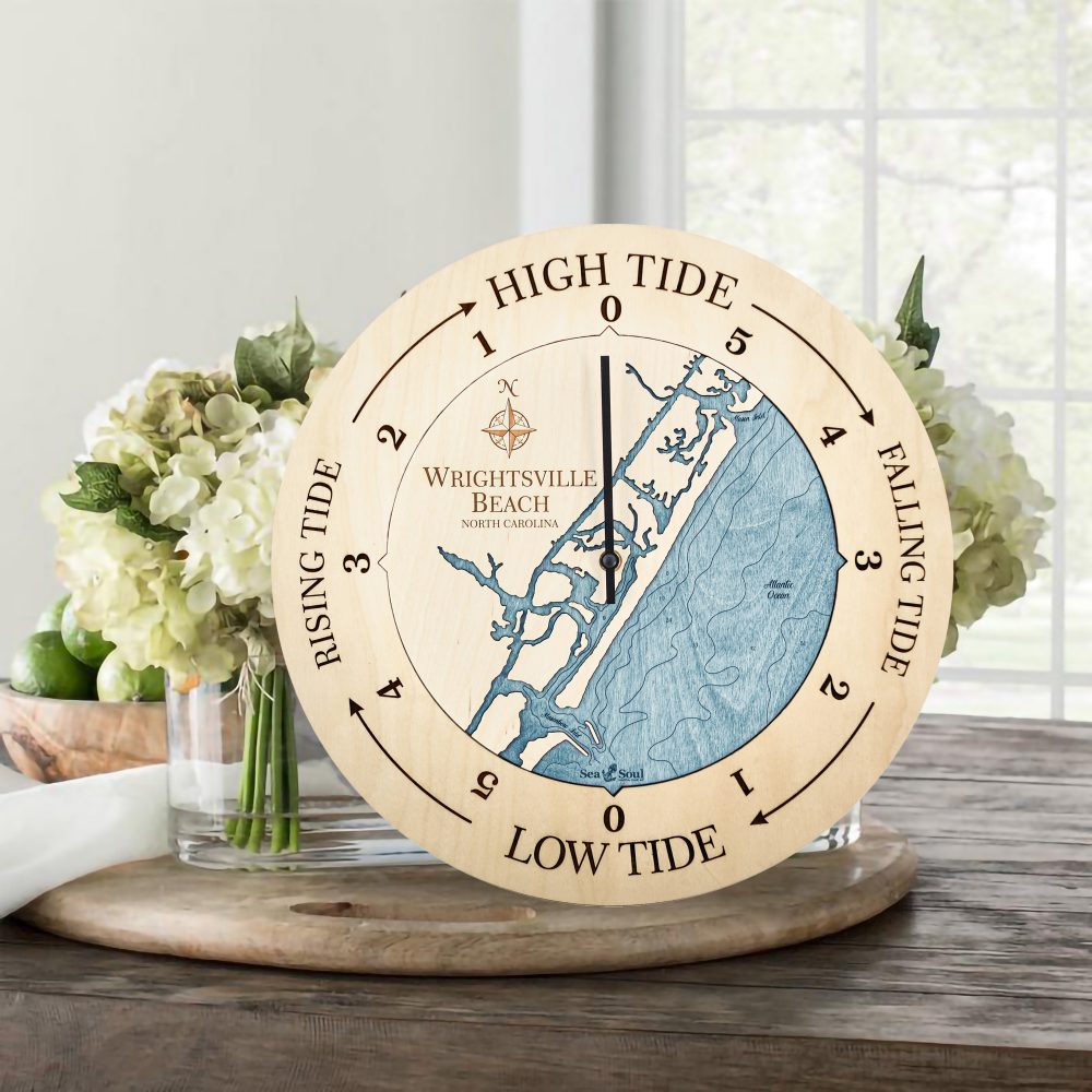 Wrightsville Beach Tide Clock Birch Accent with Blue Green Water Sitting on Table with Flowers