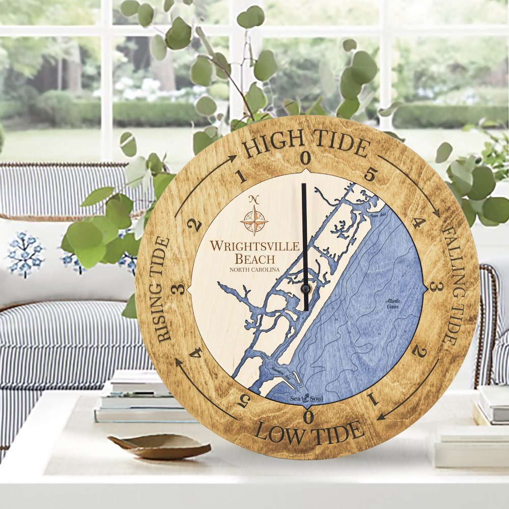Wrightsville Beach Tide Clock Honey Accent with Deep Blue Water Sitting on Coffee Table
