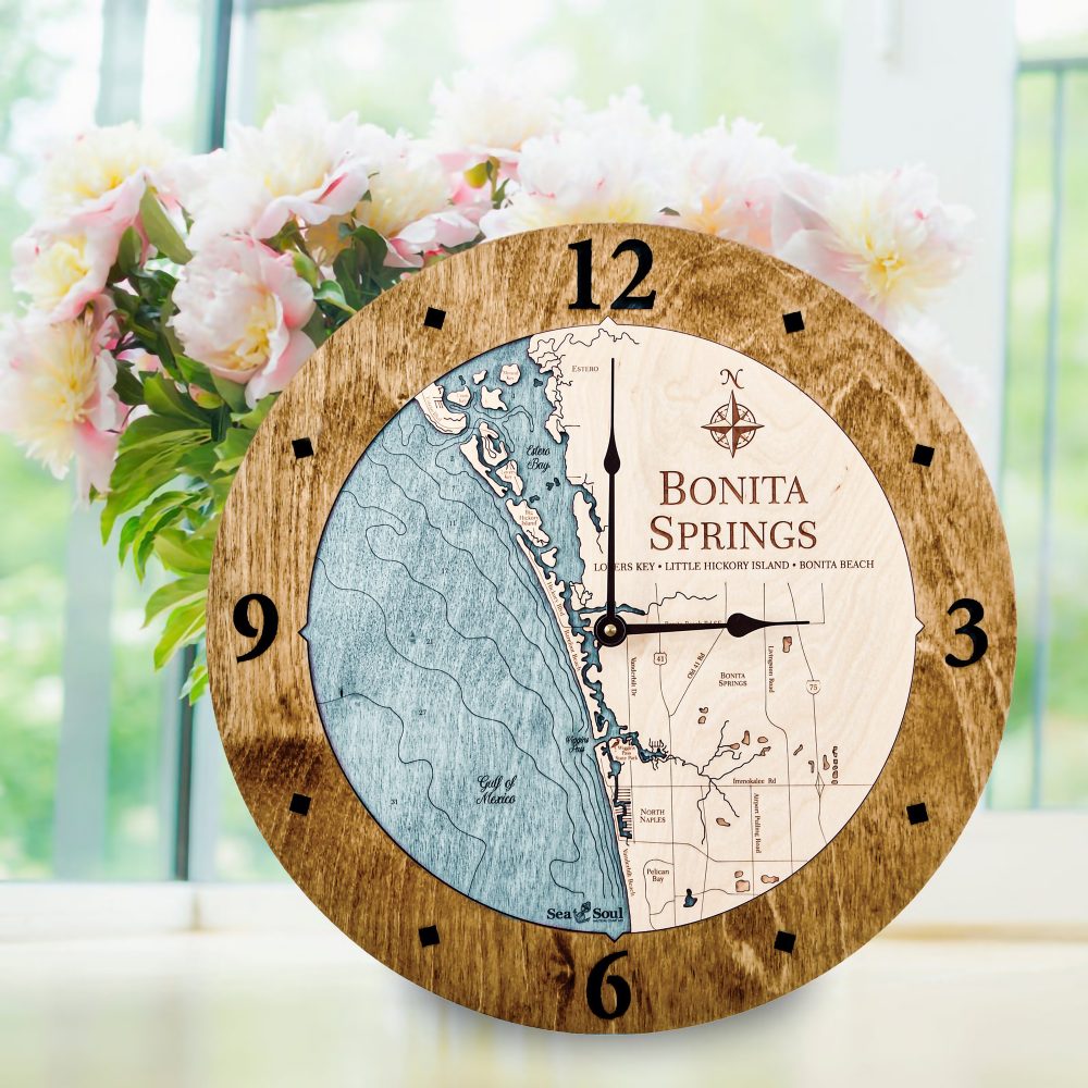 Bonita Springs Nautical Clock Americana Accent with Blue Green Water Sitting on Windowsill with Flowers