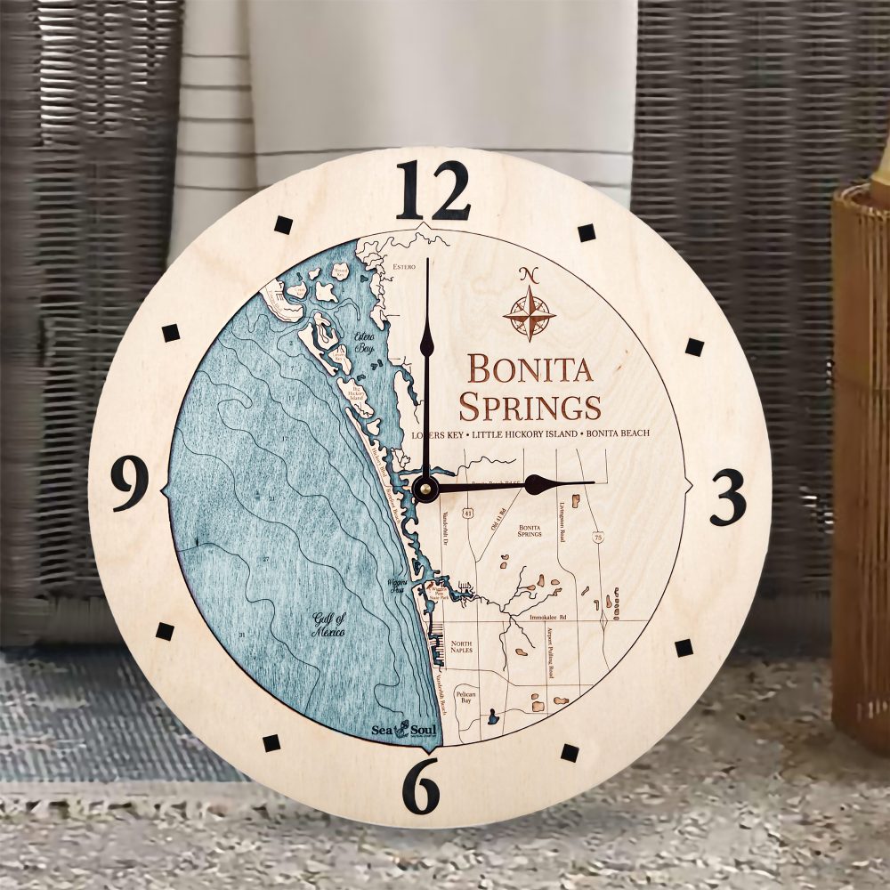 Bonita Springs Nautical Clock Birch Accent with Blue Green Water Sitting on Ground by Wicker Chair