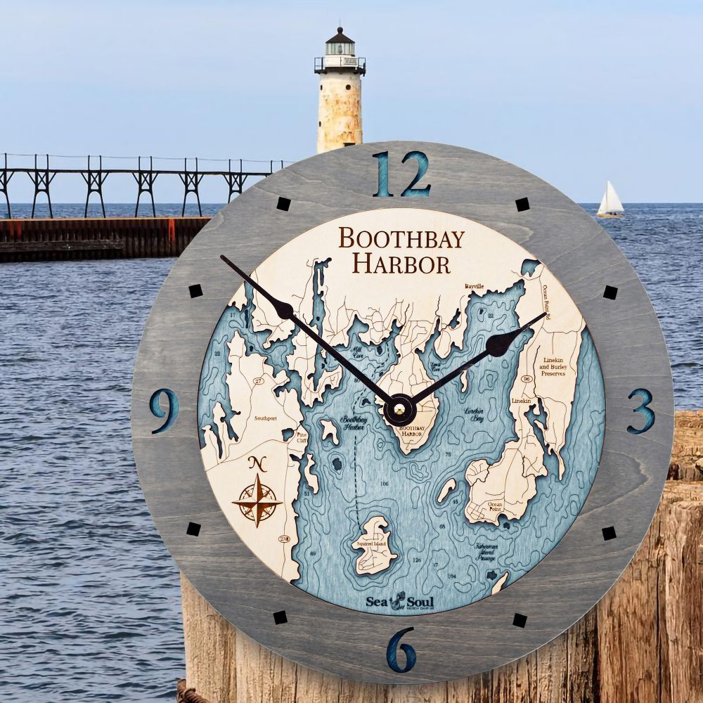 Boothbay Harbor Nautical Clock Driftwood Accent with Blue Green Water Hanging on Dock Post by Lighthouse