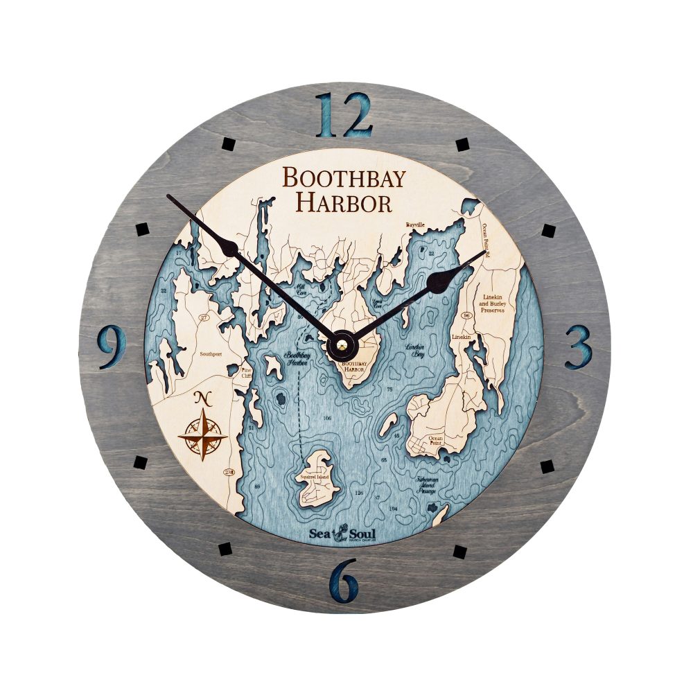 Boothbay Harbor Nautical Clock Driftwood Accent with Blue Green Water