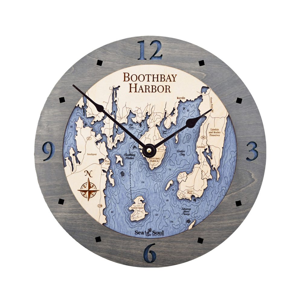 Boothbay Harbor Nautical Clock Driftwood Accent with Deep Blue Water