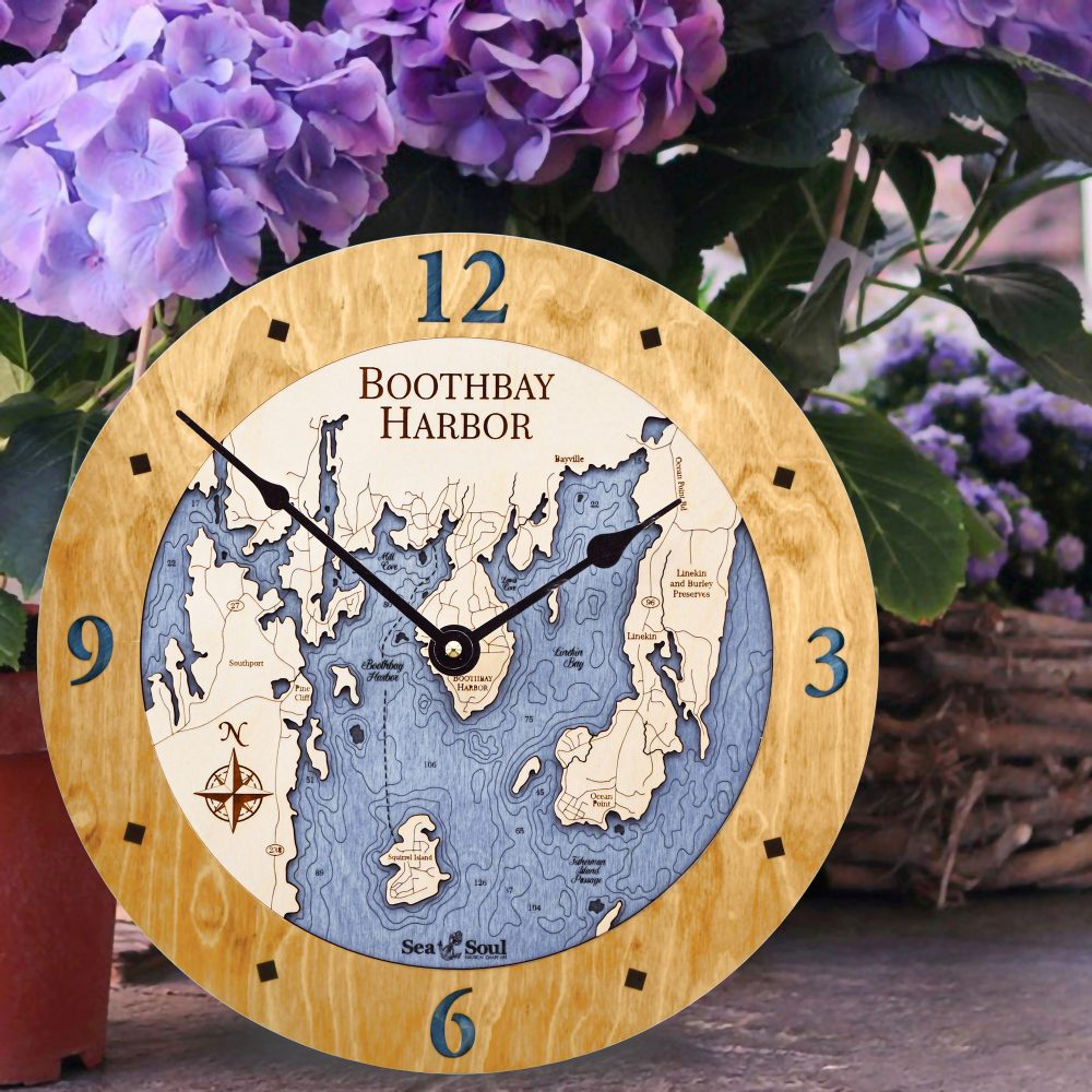 Boothbay Harbor Nautical Clock Honey Accent with Deep Blue Water Sitting on Ground by Flower Pot