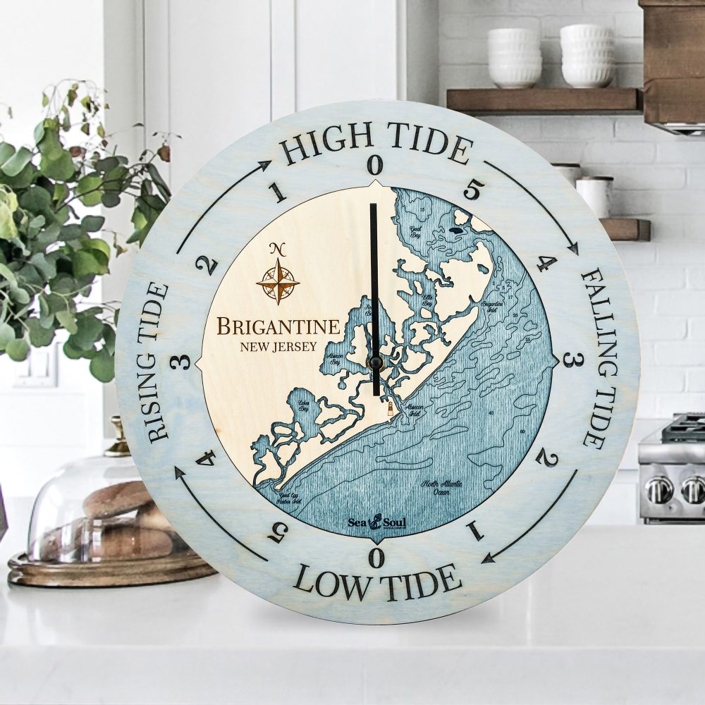 Brigantine Tide Clock Bleach Blue Accent with Blue Green Water Sitting on Countertop