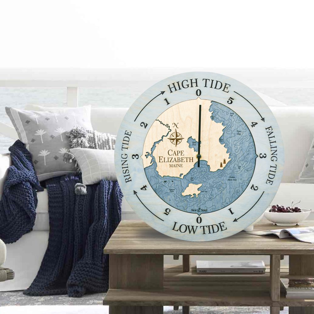 Cape Elizabeth Tide Clock Bleach Blue Accent with Deep Blue Water Sitting on Outdoor Table