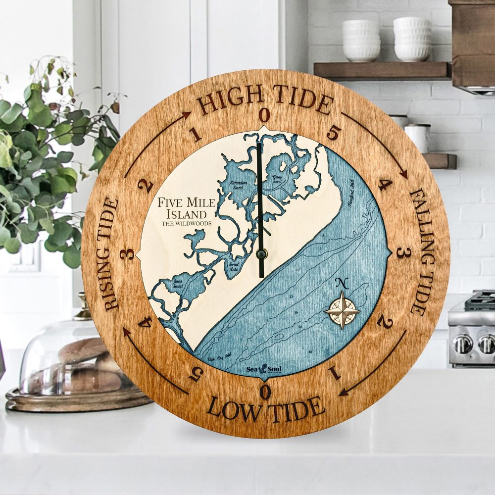 Five Mile Island Tide Clock Americana Accent with Blue Green Water Sitting on Countertop