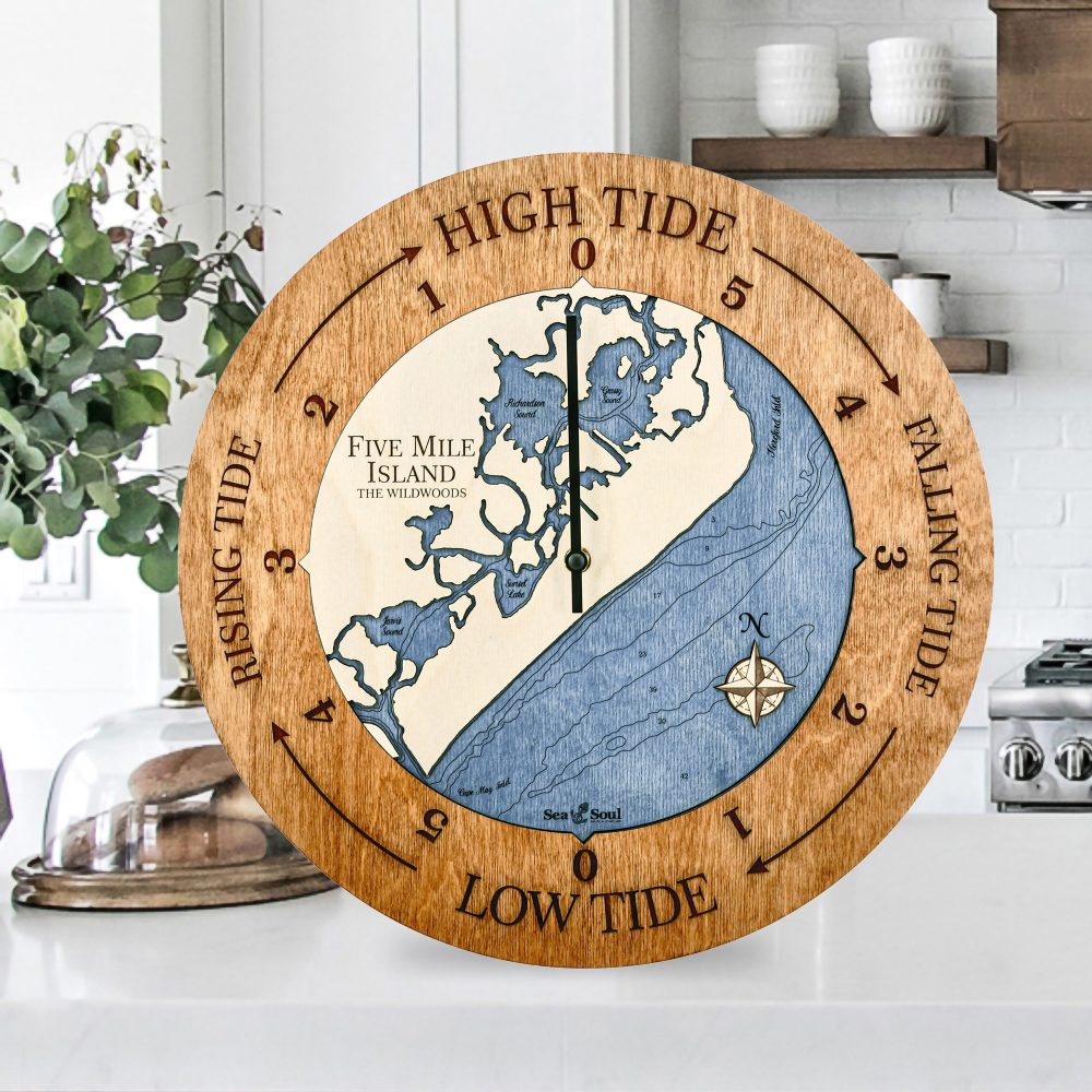 Five Mile Island Tide Clock Americana Accent with Deep Blue Water Sitting on Countertop