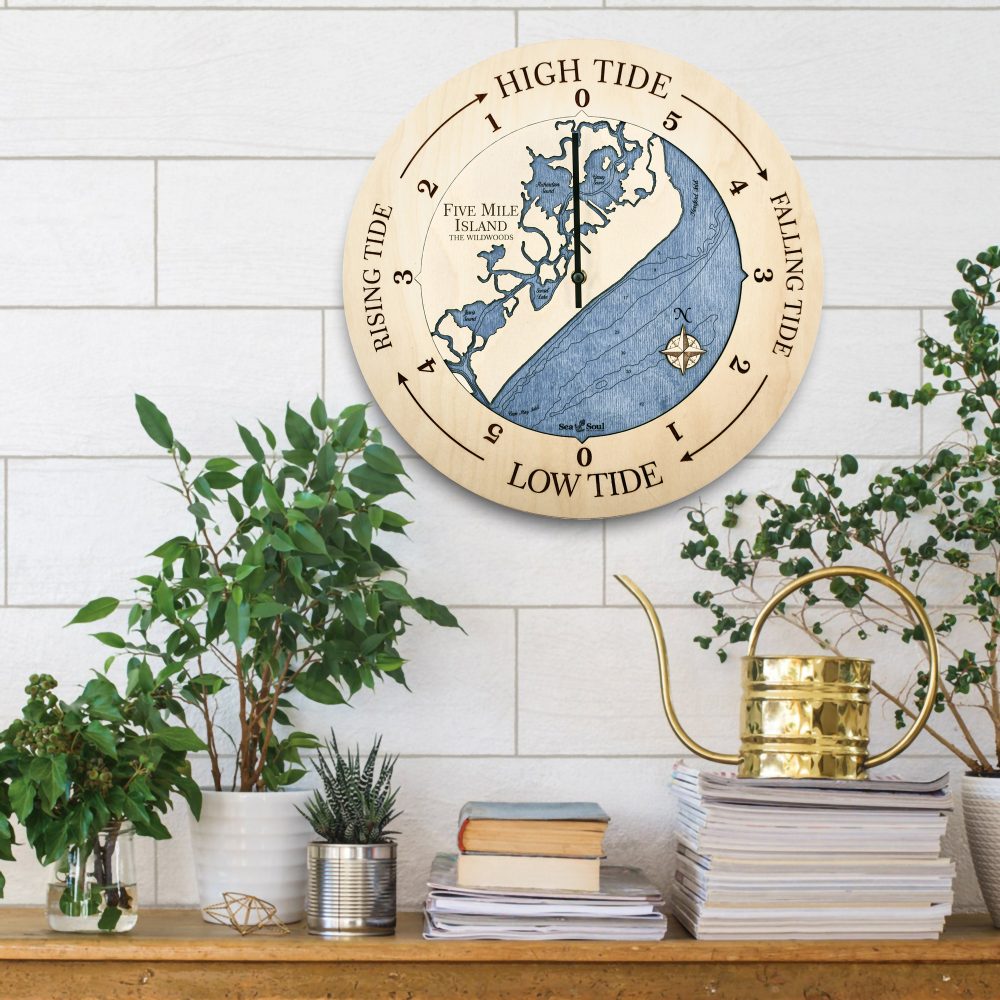 Five Mile Island Tide Clock Birch Accent with Deep Blue Water Hanging on Wall