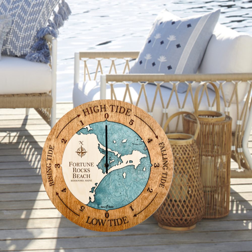 Fortune Rocks Beach Tide Clock Americana Accent with Blue Green Water Sitting by Outdoor Chair