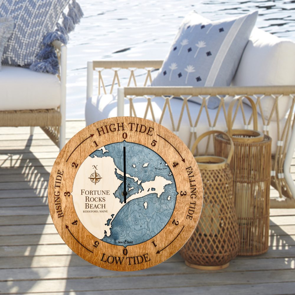 Fortune Rocks Beach Tide Clock Americana Accent with Deep Blue Water Sitting by Outdoor Chair