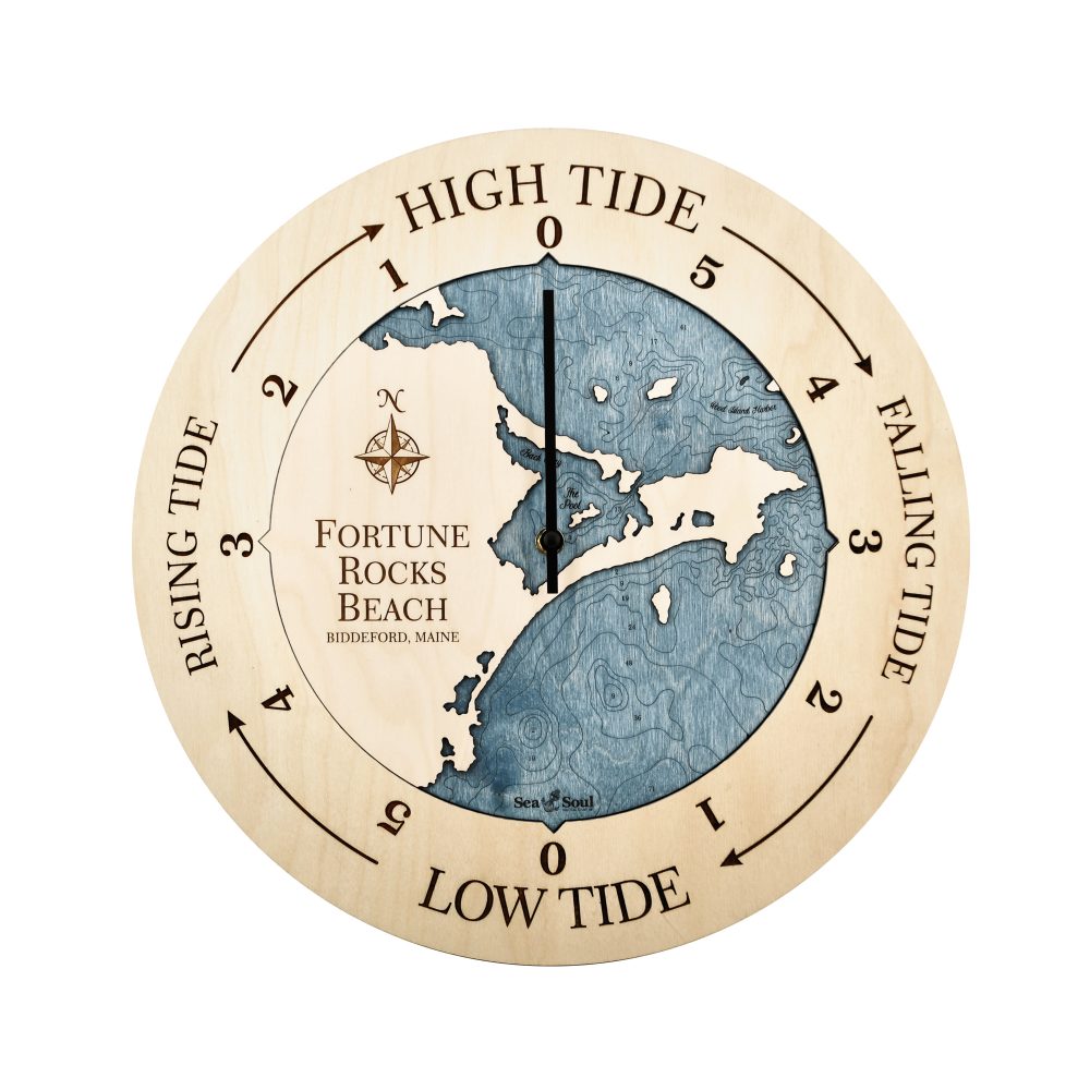 Fortune Rocks Beach Tide Clock Birch Accent with Deep Blue Water