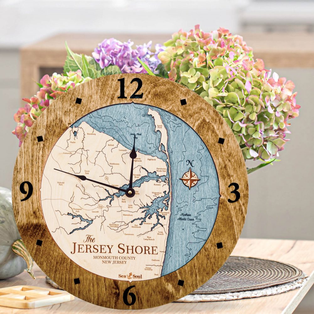 Jersey Shore Nautical Clock Americana Accent with Blue Green Water Sitting on Countertop with Flowers