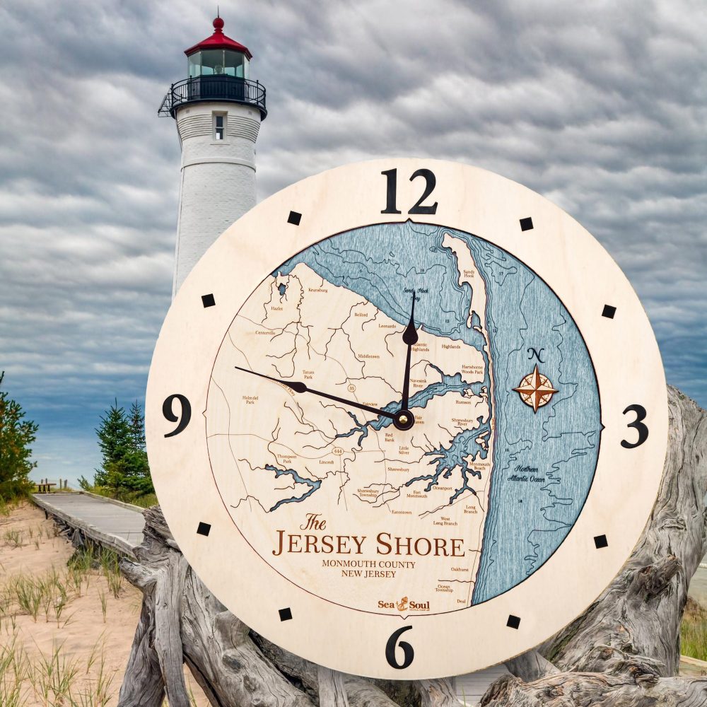 Jersey Shore Nautical Clock Birch Accent with Blue Green Water by Waterfront and Lighthouse