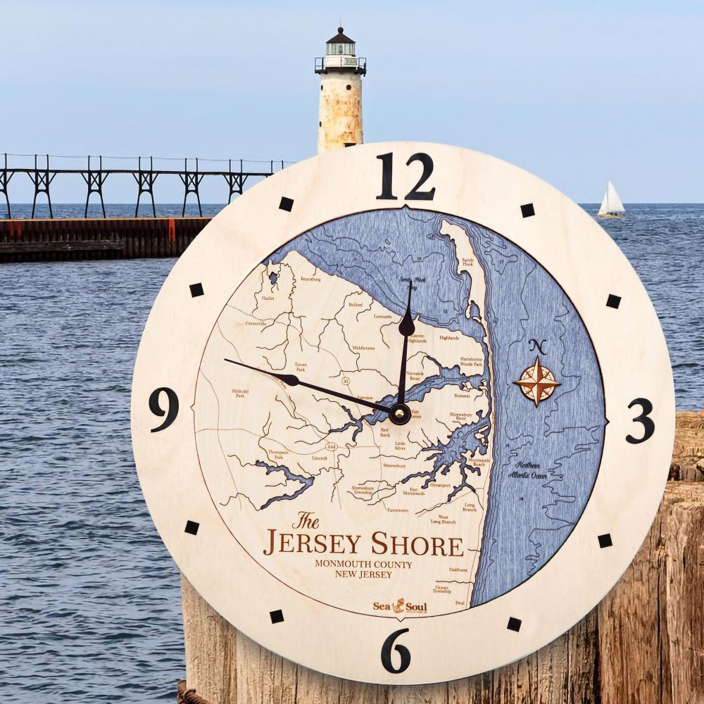 Jersey Shore Nautical Clock Birch Accent with Deep Blue Water Hanging on Dock Post by Lighthouse and Waterfront