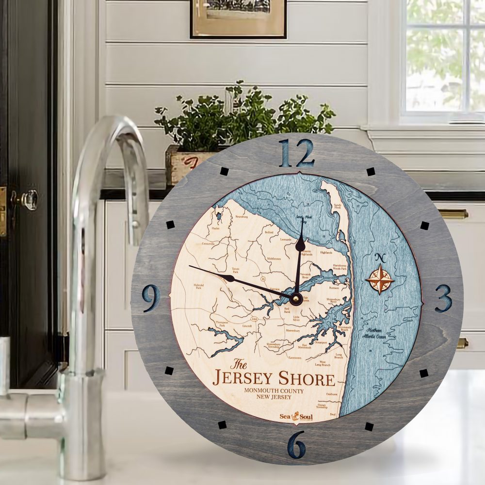 Jersey Shore Nautical Clock Driftwood Accent with Blue Green Water Sitting on Countertop