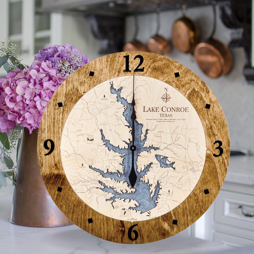 Lake Conroe Nautical Clock Americana Accent with Deep Blue Water Sitting on Countertop with Flowers