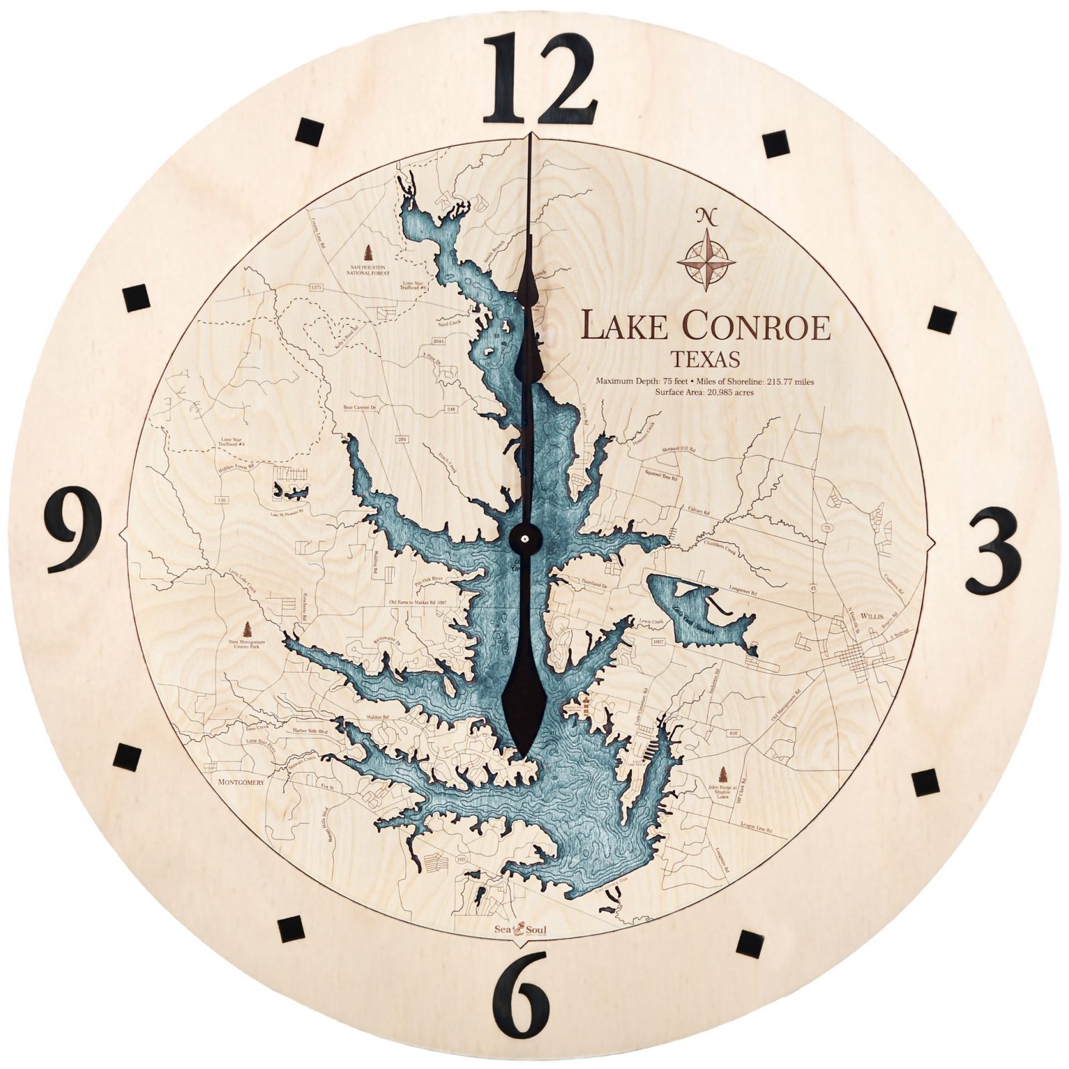 12" Lake Conroe Nautical Map Clock Sea and Soul Charts