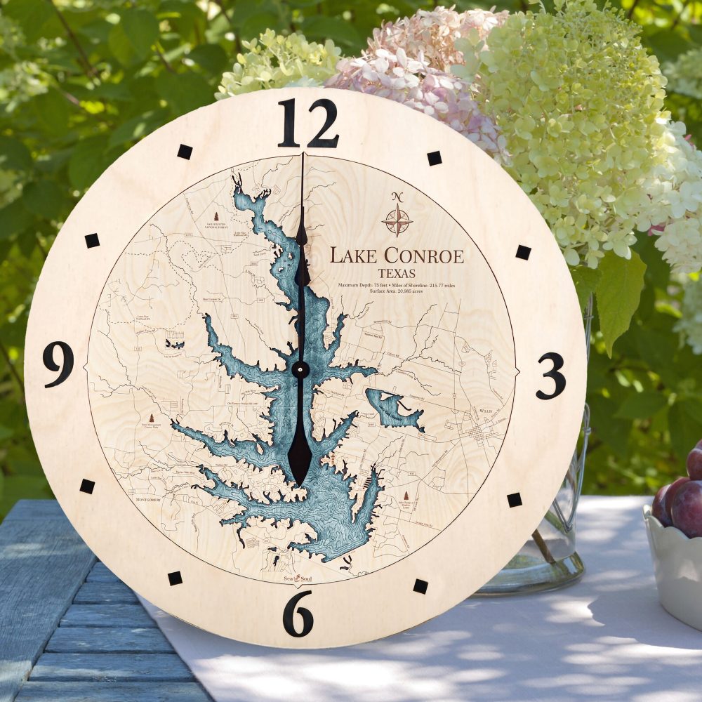 Lake Conroe Nautical Clock Birch Accent with Blue Green Water Sitting on Table with Flowers