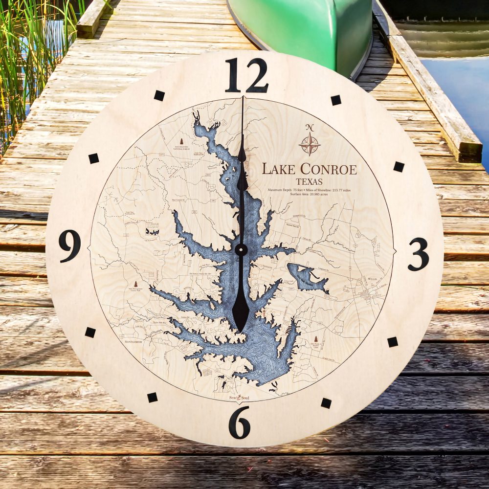 Lake Conroe Nautical Clock Birch Accent with Deep Blue Water Sitting on Lake Dock
