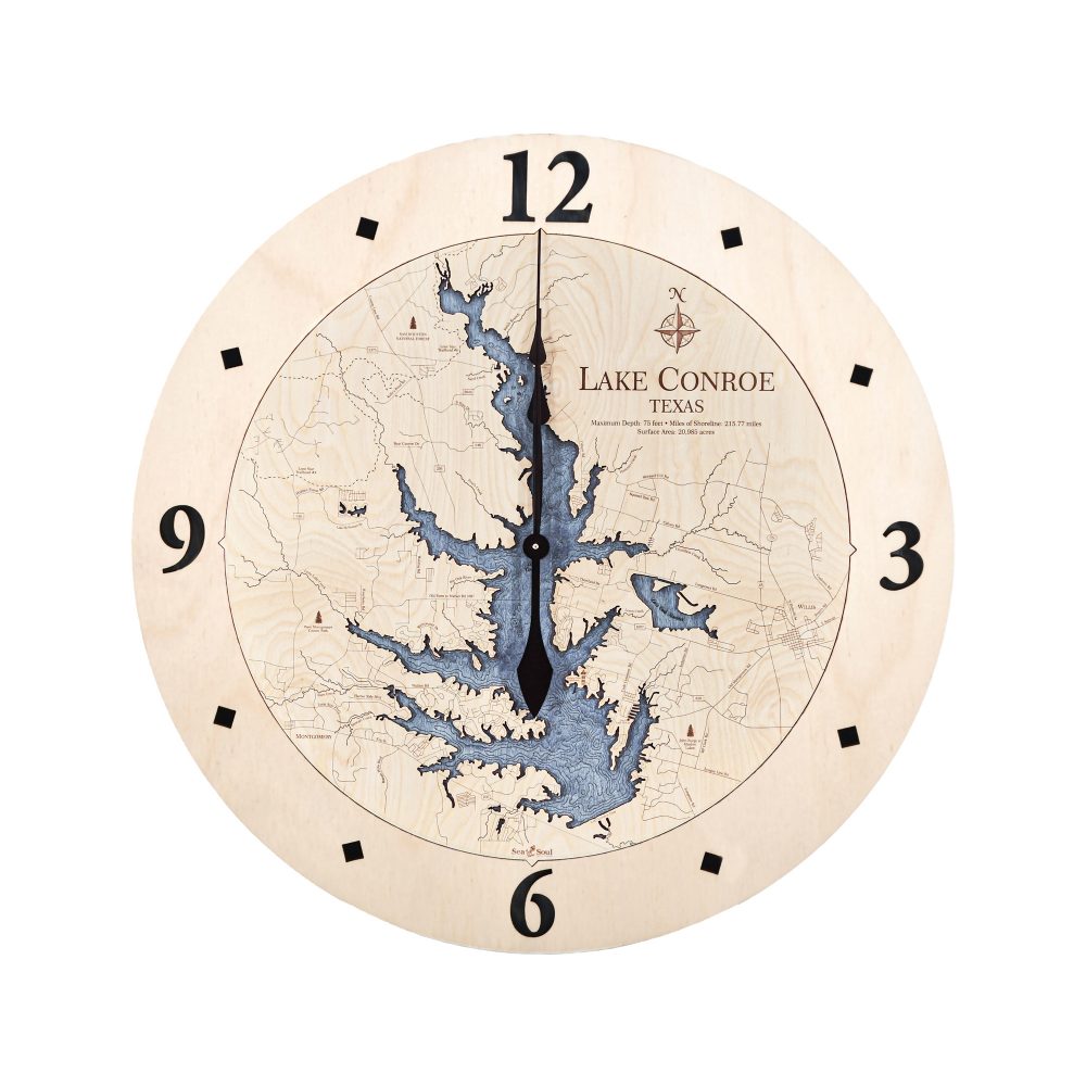 Lake Conroe Nautical Clock Birch Accent with Deep Blue Water