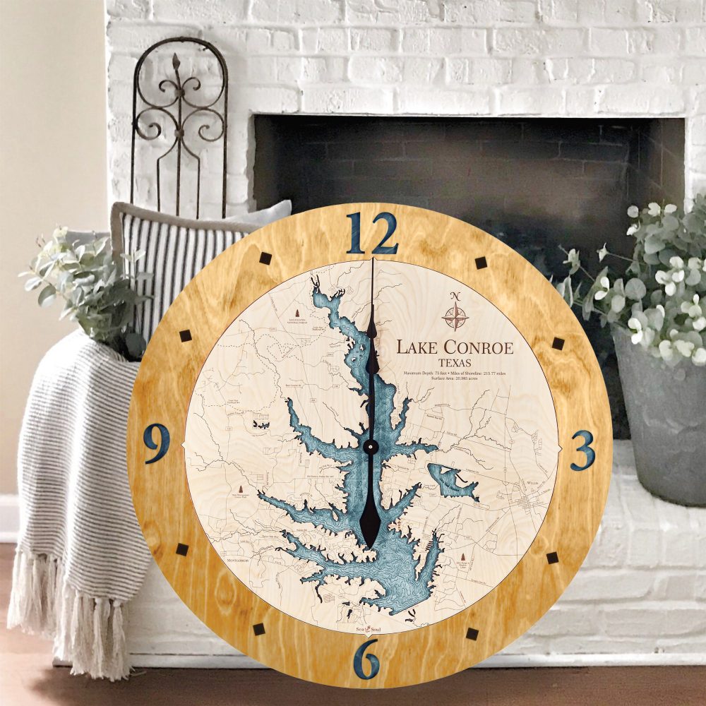 Lake Conroe Nautical Clock Honey Accent with Blue Green Water Sitting by Fireplace