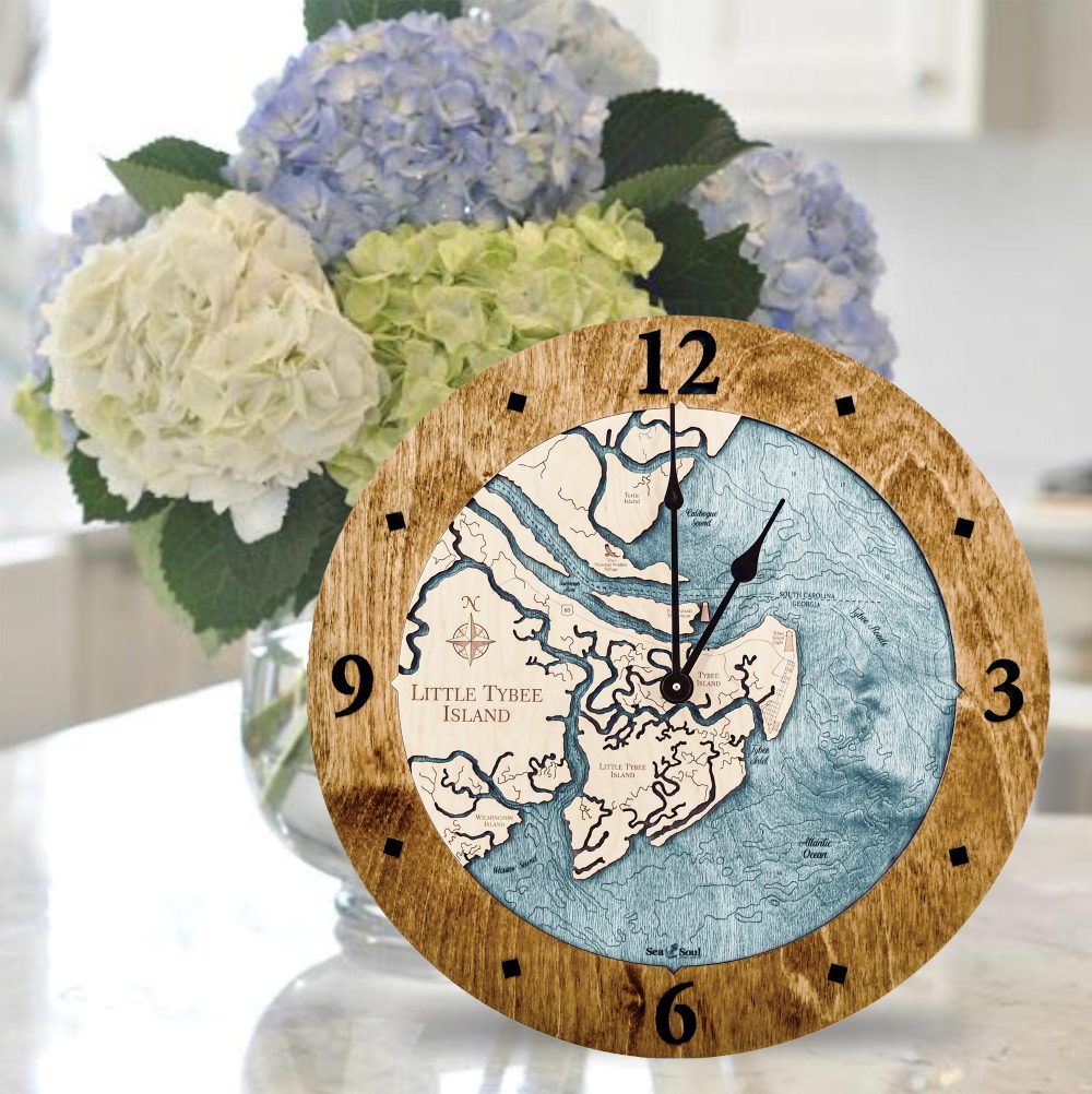Little Tybee Island Nautical Map Clock Americana Accent with Blue Green Water Sitting on Counter with Flowers