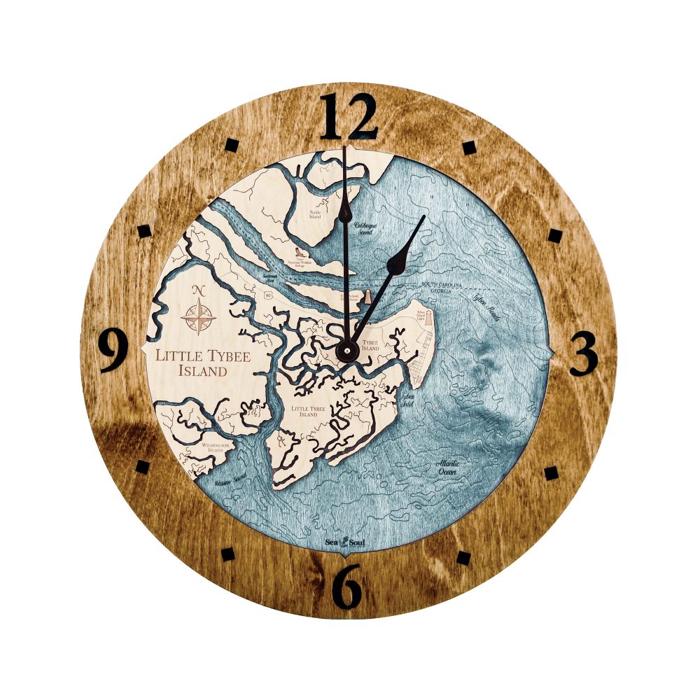 Little Tybee Island Nautical Map Clock Americana Accent with Blue Green Water