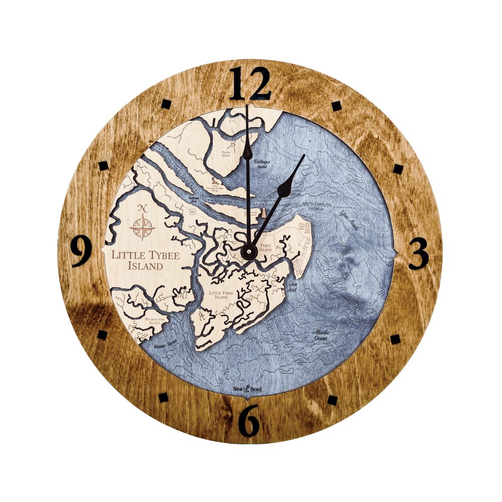 Little Tybee Island Nautical Map Clock Americana Accent with Deep Blue Water