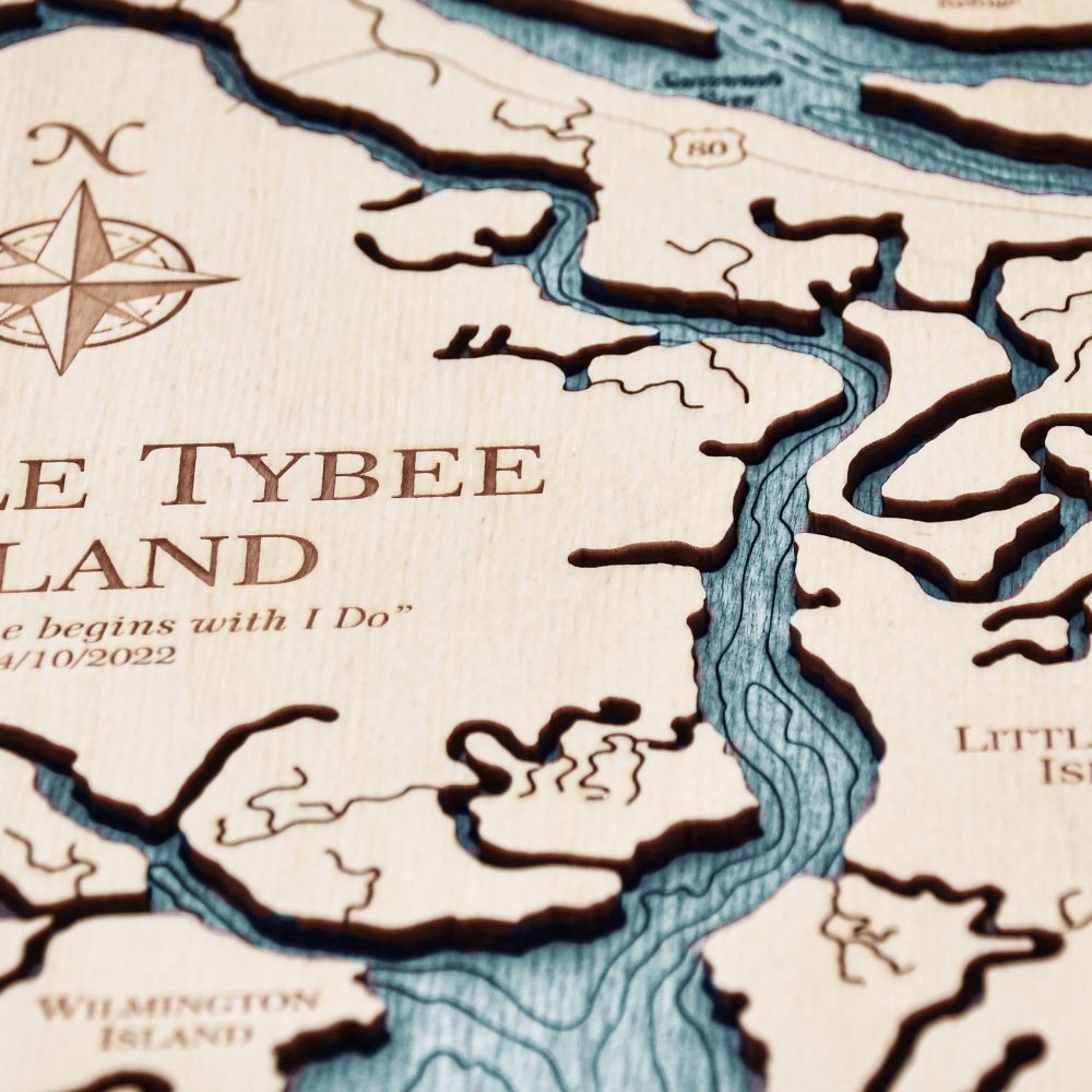 Little Tybee Island Nautical Map Clock Birch Accent with Blue Green Water Detail Shot 3