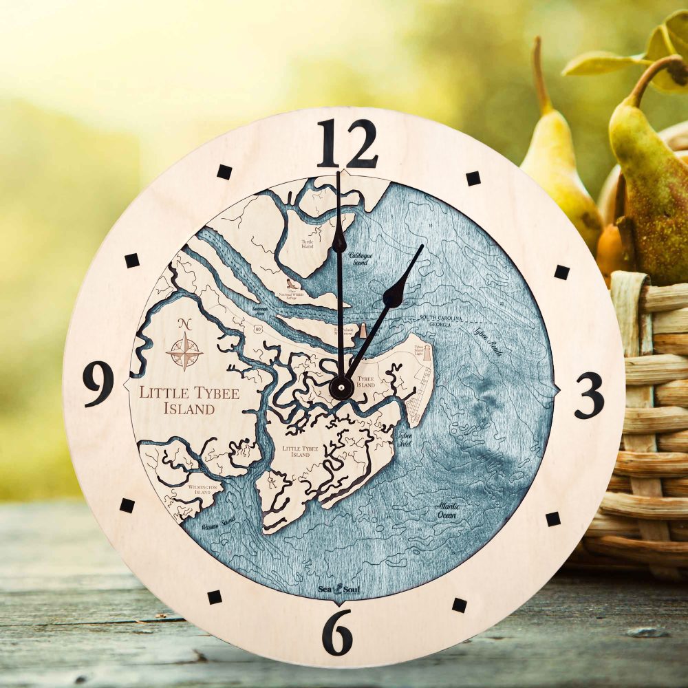 Little Tybee Island Nautical Map Clock Birch Accent with Blue Green Water Sitting on Table with Basket of Pears