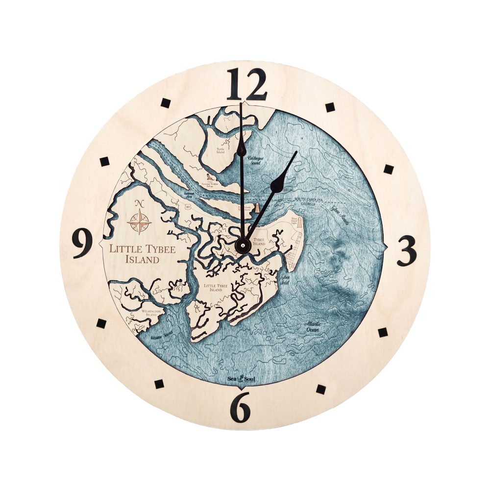 Little Tybee Island Nautical Map Clock Birch Accent with Blue Green Water
