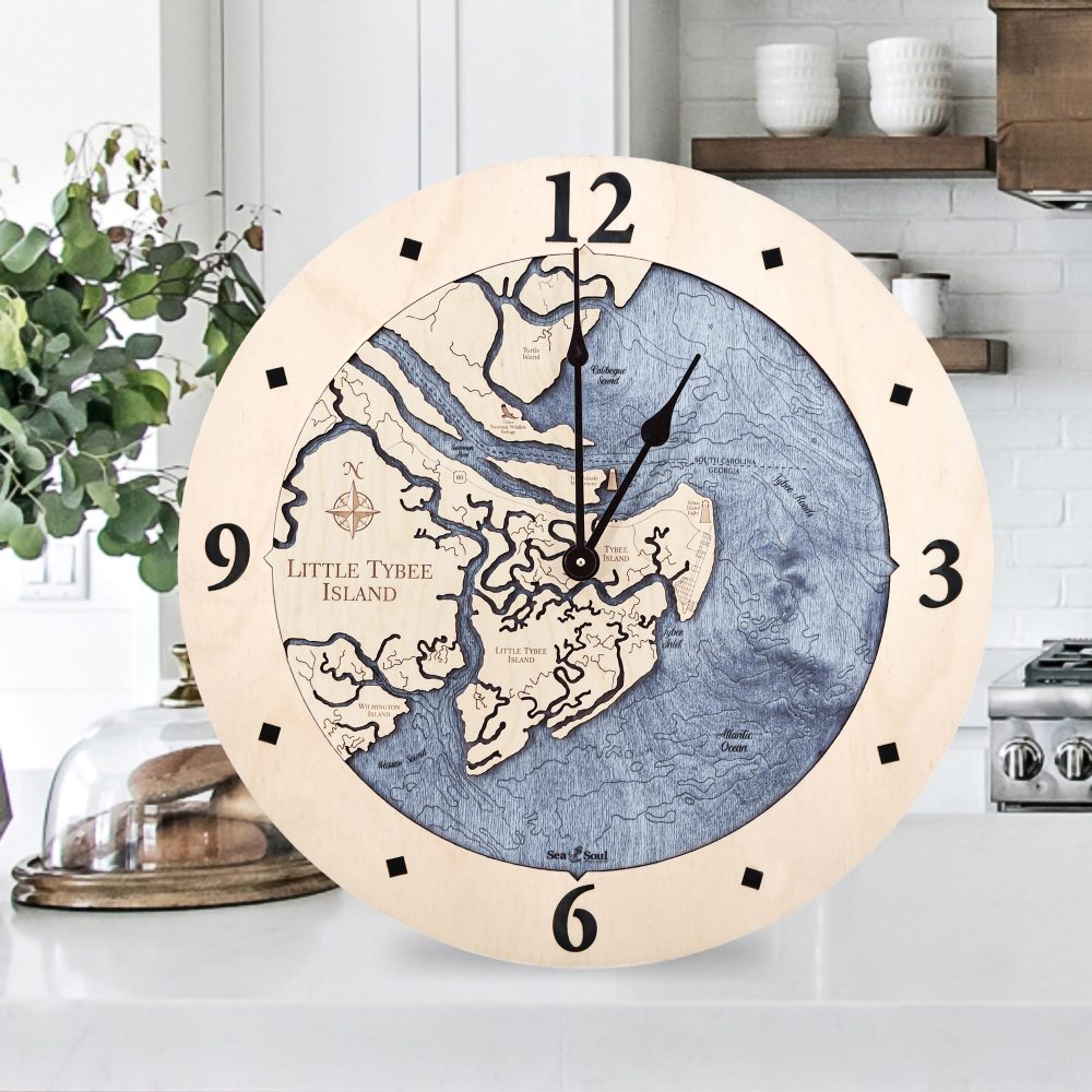 Little Tybee Island Nautical Map Clock Birch Accent with Deep Blue Water Sitting on Countertop