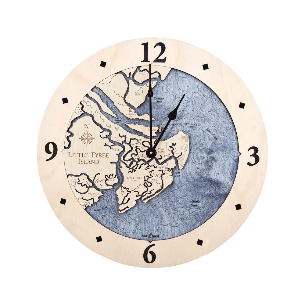Little Tybee Island Nautical Map Clock Birch Accent with Deep Blue Water
