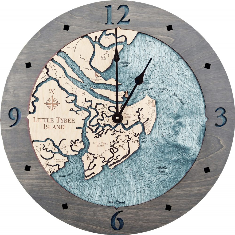 Little Tybee Island Nautical Map Clock Driftwood Accent with Blue Green Water Product Shot