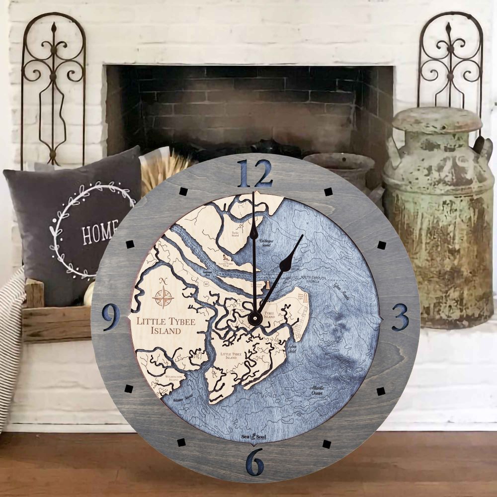 Little Tybee Island Nautical Map Clock Driftwood Accent with Deep Blue Water Sitting by Fireplace